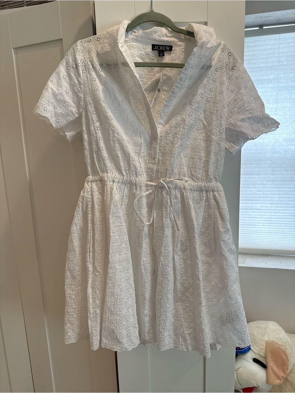 J. Crew White Eyelet Drawstring Shirt Dress with Short Sleeves